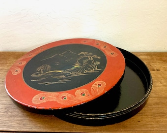 Boîte vintage en papier mâché laquée - Boîte ronde - Paysage japonais, plumes de paon