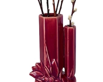 Vase double bordeaux McCoy - Feuilles et baies - Fabriqué aux États-Unis