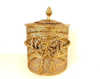 Vintage Gold Filigree Stylebuilt Toilet Paper Cover - Gold Bow and Tassel - Hollywood Regency -Made in USA - 1960s