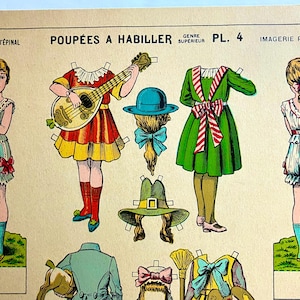 May include: Vintage paper dolls with outfits and accessories. The image features several cut-out figures, including a girl holding a candle, a girl with a mandolin, and a girl in a green dress. The outfits include hats, dresses, and a jacket. The text "POUPEES A HABILLER" is visible.