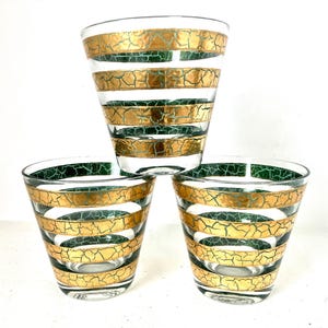 Vintage Culver &quot;Regiment&quot; - Crackled 22k gold - Set of 3 - MCM - Old-Fashioned Cocktail Glasses - Vintage Barware - Made in USA