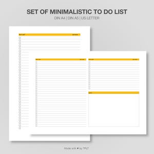 Könnte beinhalten: Ein Satz minimalistischer To-Do-Listen-Druckbögen. Die Bögen sind weiß mit gelben Akzenten und enthalten Abschnitte für Aufgaben und Fälligkeitstermine. Der Text "SET OF MINIMALISTIC TO DO LIST" steht oben. Erhältlich in DIN A4, DIN A5 und US Letter.