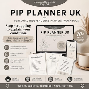 Op de afbeelding: Een digitale PIP Planner UK werkboek met de tekst "Stop met worstelen om uw aandoening uit te leggen." De afbeelding bevat een laptop, smartphone en afgedrukte werkbladen. Het werkboek biedt gestructureerde ondersteuning.