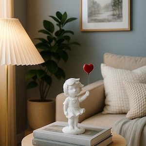 Romantic Banksy Girl Statue with Red Heart Balloon in Resin, Minimalist Decorative Figurine.