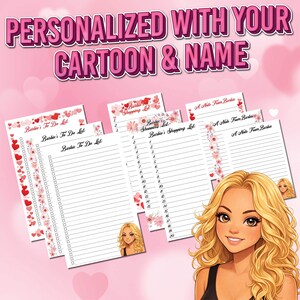 Könnte beinhalten: Rosa Schreibwaren-Set mit einer Cartoon-Illustration. Das Set enthält To-Do-Listen, Einkaufslisten und Notizseiten, alle mit einem dekorativen Blumen- und Herzrand. Der Text lautet "PERSONALISIERT MIT IHREM CARTOON & NAME."