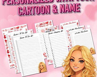 May include: Pink-themed stationery set featuring a cartoon illustration. The set includes to-do lists, shopping lists, and note pages, all with a decorative floral and heart border. The text reads "PERSONALIZED WITH YOUR CARTOON & NAME."