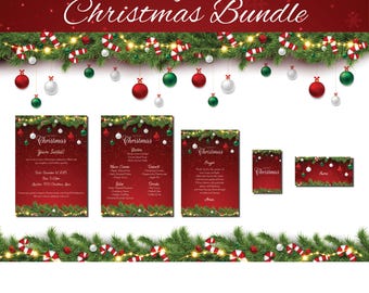 May include: A digital Christmas bundle with a red background and festive decorations. The bundle includes invitation, menu, prayer, and name cards, all adorned with Christmas lights, ornaments, and candy canes. The text "Digital Christmas Bundle" is at the top.