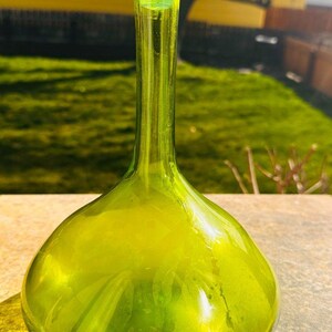 Vintage Lime Green Art Glass Genie Bottle Decanter -Antique Stopper Empoli Style
