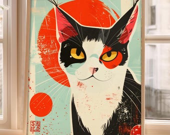 Kabuki Cat Ukiyo-e Print, Japanese Woodblock Poster, Maximalist Wall Art, Colorful Funny Animal, Traditional Japan Decor