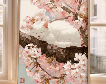 Weißer Katzen – Kirschblüten Print – Verträumte Blumenwandkunst
