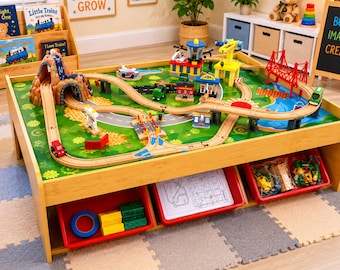 Waterfall Mountain Wooden Train Table Set with 120 Pieces & 3 Storage Bins