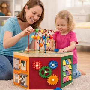 May include: A colorful wooden activity cube with a bead maze, gears, and number blocks. The cube features various interactive elements, including animal-themed doors and a bead maze with red, blue, yellow, and green beads. The toy is designed for early childhood development.