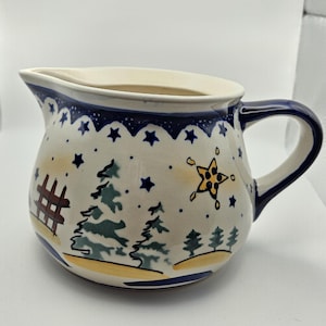Unique 32 oz Polish Pottery Winter Scene pitcher