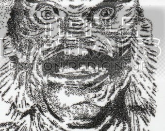 Lámina artística firmada de La Criatura de la Laguna Negra – Edición limitada de 5x7 pulgadas, enmarcada, estilo clásico de terror.