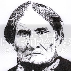 May include: Black and white portrait of a person with a stern expression. The image is a stenciled design, with the subject wearing a dark shirt and a scarf. The artwork is signed and numbered 5/25.