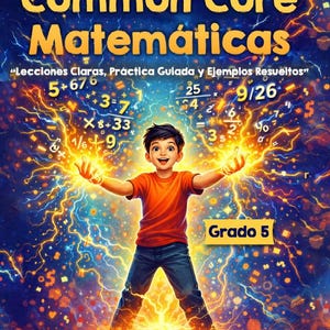 Puede incluir: Portada del libro titulada "Common Core Matemáticas" con un niño con una camisa naranja y vaqueros azules, rodeado de energía brillante. La portada incluye ecuaciones matemáticas y el texto "Grado 5" y "Dr. Kyle Kavyany."