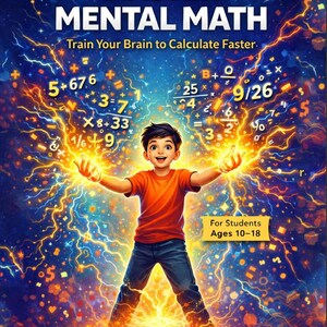 May include: Book cover titled "MASTER MENTAL MATH" with a boy in an orange shirt and blue jeans, surrounded by glowing energy and mathematical equations. The text "Train Your Brain to Calculate Faster" is also present. The book is for students ages 10-18.