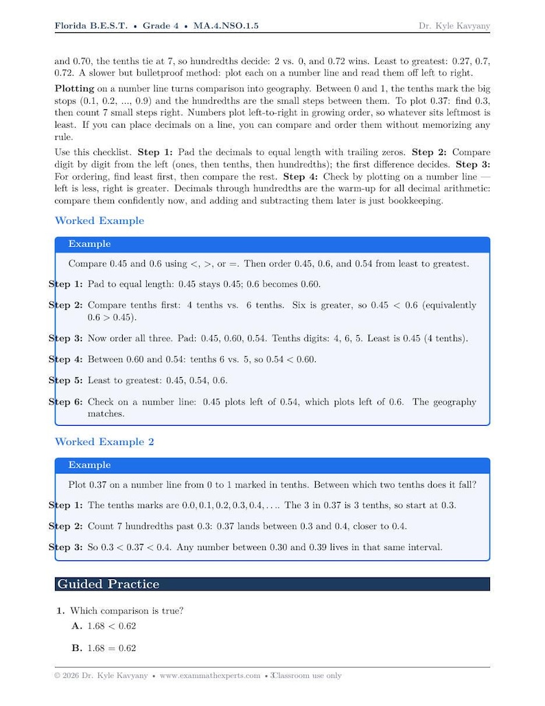 Florida B.E.S.T. Grade 4 Math Packet – Decimals to Hundredths (MA.4.NSO ...