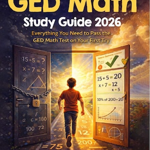 May include: Book cover for "GED Math Study Guide 2026." A person walks towards an open door with math equations. The title is in large yellow letters, with the author's name at the bottom. The cover is designed to help pass the GED Math test.
