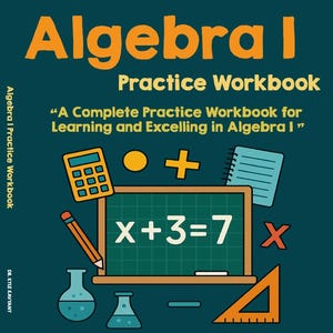 Puede incluir: Una portada de cuaderno de ejercicios de Álgebra I de color verde azulado con texto e ilustraciones en naranja. El título es "Cuaderno de ejercicios de Álgebra I". La portada incluye una pizarra con una ecuación, una calculadora y otros símbolos matemáticos.