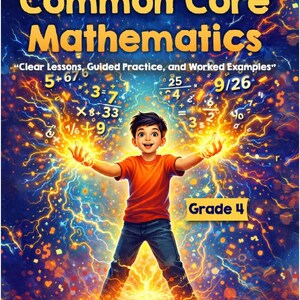 May include: The cover of a mathematics textbook, "Common Core Mathematics", shows a boy with arms outstretched, surrounded by energy and equations. The title is yellow, with "Grade 4" displayed. The author is Dr. Kyle Kavyany.