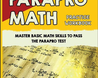 Könnte beinhalten: Buchcover für "PARAPRO MATH PRACTICE WORKBOOK" mit rotem und gelbem Hintergrund. Es zeigt eine Abschlusskappe, eine Glühbirne und mathematische Gleichungen. Der Text lautet "MASTER BASIC MATH SKILLS TO PASS THE PARAPRO TEST" und "DR. KYLE KAVYANY".