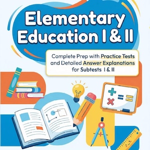 May include: A book cover for "Elementary Education I & II" with the text "NES Study Guide." The cover features illustrations of school supplies and math symbols. The book promises complete prep with practice tests and detailed answer explanations.