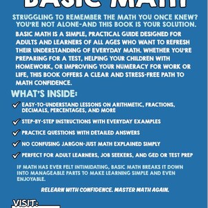 May include: A blue book cover with the title "BASIC MATH" in large white letters. The cover text describes the book as a simple, practical guide for adults and learners to refresh their understanding of everyday maths, including arithmetic, fractions, and percentages.