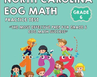 Op de afbeelding: Een turquoise boekomslag met de titel "North Carolina EOG Math Practice Test" en de tekst "Essential Concepts and Practice for Success!". De omslag toont cartoonkinderen en de cijfers 1, 2 en 3. Het boek is voor groep 6.