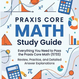 Może przedstawiać: Przewodnik do nauki zatytułowany "PRAXIS CORE MATH Study Guide" na białym tle. Okładka zawiera symbole matematyczne, kalkulator oraz tekst "Everything You Need to Pass the Praxis Core Math (5733)". Zawiera również nazwisko autora, Dr. Kyle Kavyany.