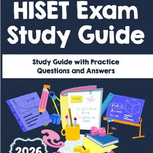 Puede incluir: Una portada de libro azul marino con el título "HISET Exam Study Guide" en blanco. La portada incluye ilustraciones de herramientas matemáticas, ecuaciones y el año "2026". También está presente el texto "Study Guide with Practice Questions and Answers".