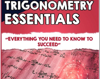 May include: A book cover titled "TRIGONOMETRY ESSENTIALS" with the tagline "EVERYTHING YOU NEED TO KNOW TO SUCCEED." The cover features mathematical equations, a glowing lightbulb, and the author's name, Dr. Kyle Kavyany.