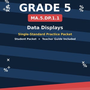 May include: A dark blue educational practice packet cover titled Florida B.E.S.T. Mathematics Grade 5 MA.5.DP.1.1 Data Displays. It includes a student packet and teacher guide, featuring mathematical symbols and the author name Dr. Kyle Kavyany.