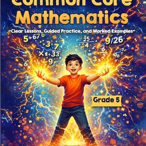 May include: The cover of a mathematics textbook, "Common Core Mathematics", shows a boy with arms outstretched, surrounded by energy. The cover includes equations, the text "Grade 5" and the author's name, "Dr. Kyle Kavyany".