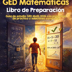 May include: Book cover for "GED Matemáticas Libro de Preparación" with a boy walking towards a bright light. The cover includes math problems and the author's name, Dr. Kyle Kavyany.