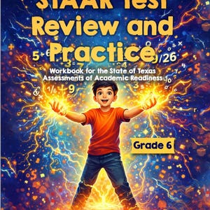 May include: A book cover for STAAR Test Review and Practice, Grade 6. The cover shows a young boy in an orange top and blue jeans, with glowing energy around him. The title is in yellow, set against a blue background.
