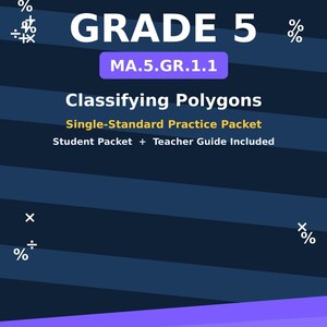 Puede incluir: Un paquete de práctica educativa azul oscuro titulado Florida B.E.S.T. Mathematics Grade 5 MA.5.GR.1.1 Classifying Polygons. La portada incluye el texto Student Packet + Teacher Guide Included, Dr. Kyle Kavyany y exammathexperts.com con símbolos matemáticos.