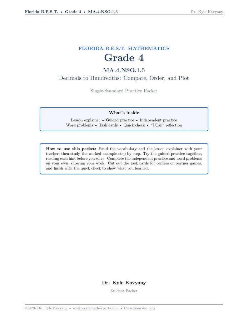 Florida B.E.S.T. Grade 4 Math Packet – Decimals to Hundredths (MA.4.NSO ...