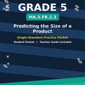 May include: A dark blue educational practice packet titled Florida B.E.S.T. Mathematics Grade 5 MA.5.FR.2.3 Predicting the Size of a Product. The cover includes text stating Student Packet + Teacher Guide Included and Dr. Kyle Kavyany at the bottom.