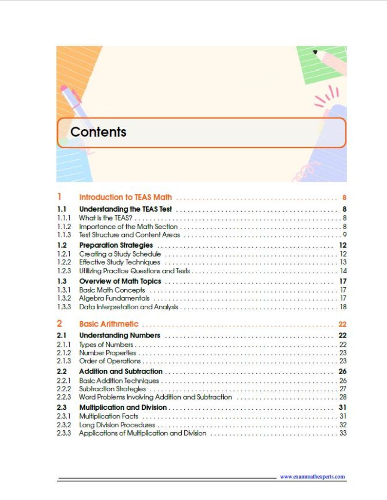 K&ouml;nnte beinhalten: Eine Lehrbuchseite mit einem Inhaltsverzeichnis mit der &Uuml;berschrift &bdquo;Inhalt&ldquo;. Die Seite enth&auml;lt Abschnitte zu TEAS-Mathematik, einschlie&szlig;lich Themen wie Grundrechenarten, Algebra und Dateninterpretation. Unten rechts ist eine Website-Adresse zu sehen.