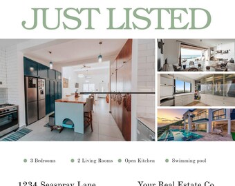 May include: Real estate listing with the text "JUST LISTED" in green. The image shows a kitchen, living room, and a swimming pool. The listing includes 3 bedrooms, 2 living rooms, and an open kitchen. The address is 1234 Seaspray Lane.