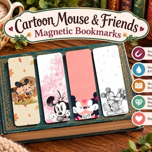 May include: Four rectangular magnetic bookmarks featuring cartoon mouse characters. One shows two mice in autumn leaves, one has pink cherry blossoms with a mouse, one shows two mice kissing with a heart, and one is a black and white sketch of two mice.