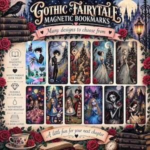 May include: A collection of rectangular magnetic bookmarks featuring various gothic fairytale illustrations, including characters in dark, whimsical settings. The display includes text labels for product features like light magnetic hold, durability, and waterproof qualities.