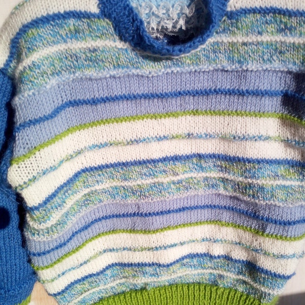 Boys jumper size 2 to 3 years in blue, white, green and varigated 4 ply wool,