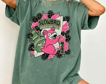 Comfort Colors Slowbro Surfing Shirt, Tropical Pokemon Graphic Tee, Vintage Anime Tee, Hawaiian Summer Shirt, Gift for Pokemon Fan
