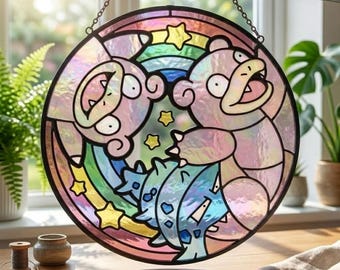 Slowpoke Slowbro Suncatcher, Stained Glass Window Hanging, Anime Home Decor, Rainbow Gamer Gift, Pokemon Wall Art, Gift for Pokemon Fans