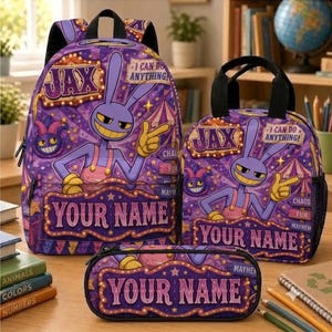 May include: A purple backpack, lunch bag, and pencil case set featuring a cartoon rabbit character named Jax. The design includes a circus-themed background with yellow stars, marquee lights, and the text "JAX", "I CAN DO ANYTHING", and "YOUR NAME".