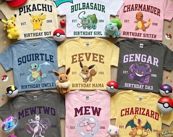 Custom Pokemon Birthday Family Shirts, Varsity Personalized Birthday Boy Girl Tee, Matching Birthday Mama Dad Sister Brother Squad, Pkm Gift