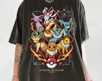Koszulka Pokemon Eeveelutions Comfort Colors, koszulka z grafiką Vintage Eevee Evolution, prezent dla gracza z kolekcji The Collection, koszulka z grafiką Halloween Monster