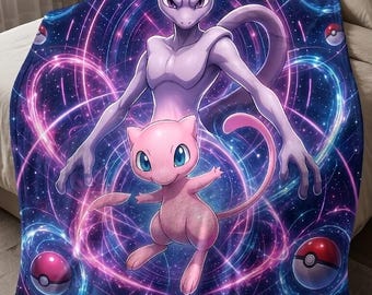 Custom Mew and Mewtwo Fleece Blanket, Personalized Kids Bedding, Galaxy Anime Gift for Boy, Pokemon Room Decor, Pokemon Fan Gift, Gamer Gift
